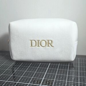 Dior White Ivory Pouch Cosmetic Makeup Case With Gold Accents